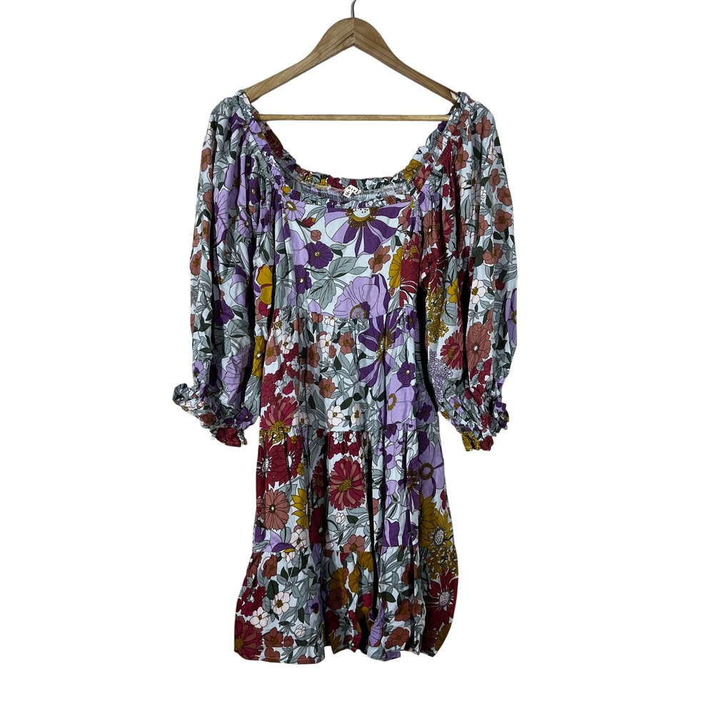 Jodifl Floral Tiered Babydoll Mini Dress Purple Boho Balloon Sleeve Size S